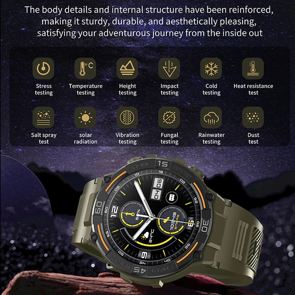 Montre Connectée Militaire Homme - Écran HD 360*360, Lampe Torche, Monitoring Santé, Étanche, Android iOS
