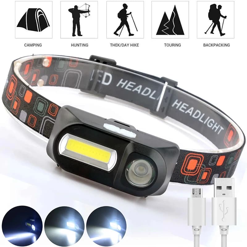 Lampe frontale LED portable USB rechargeable 18650 pour pêche nocturne et camping