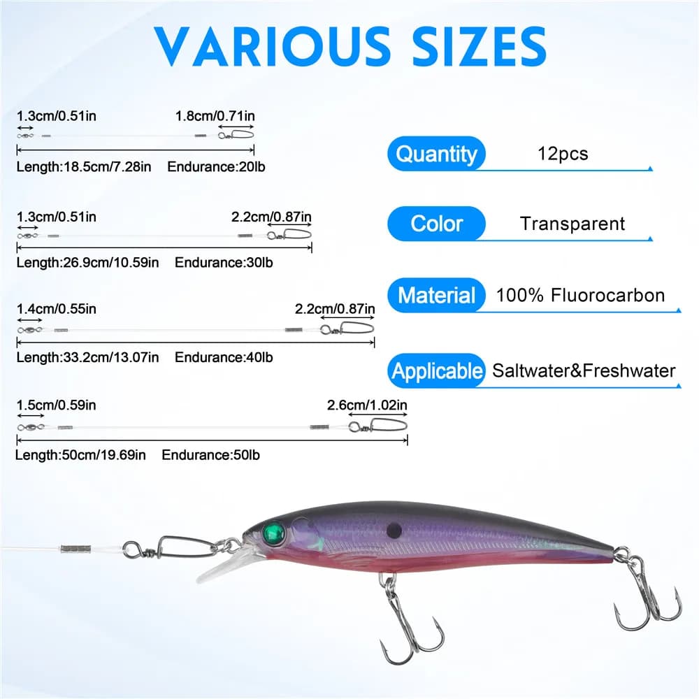 24 leaders fluorocarbone 20lb-50lb avec émerillons snaps - connexion rapide pêche mer rigs
