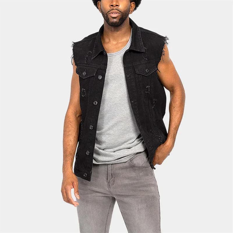 Veste sans manches en denim brut à bords effilochés pour homme style cowboy casual