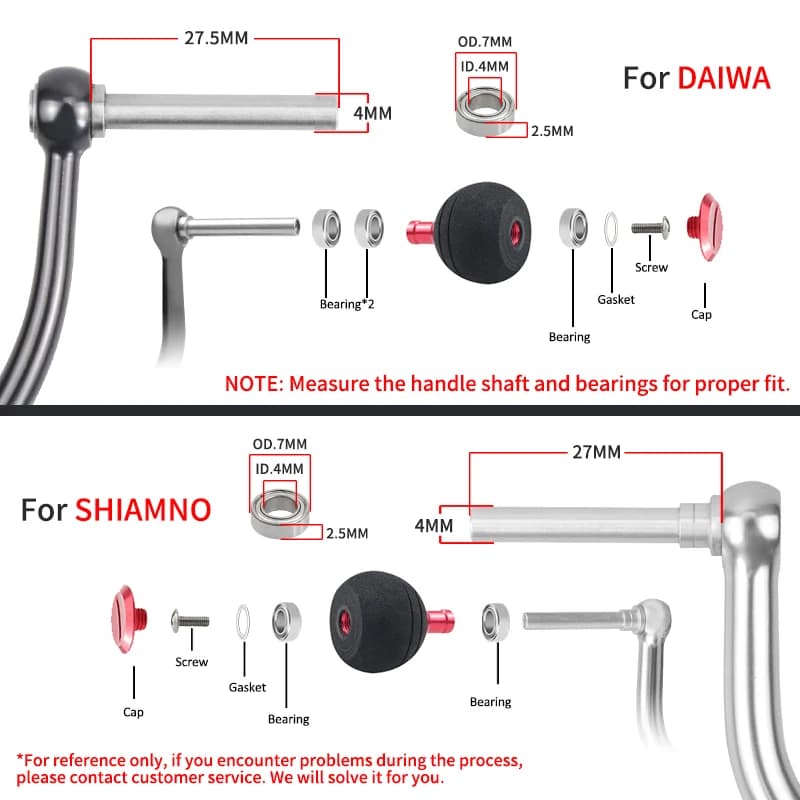 Poignées EVA EKfan 38/50mm avec roulements pour moulinet pêche, compatibles SHIMANO DAIWA, axe 4mm pour customisation