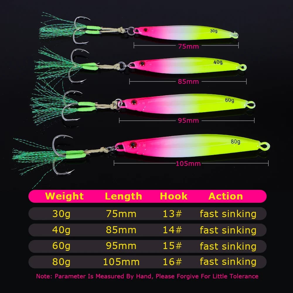 Jig TOLU 30-80g coulant rapide - Leurre de jigging lumineux pour pêche en mer et trolling