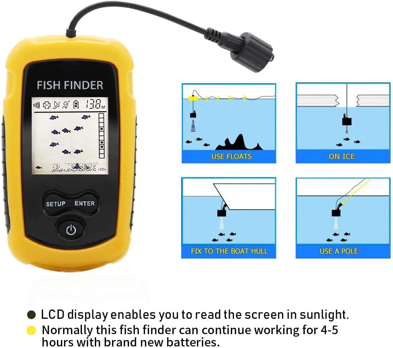 Alarme 100M Sonar Portable Détecteur de Poissons 45° Couverture Sonar Échosondeur Transducteur Pêche Lac Mer