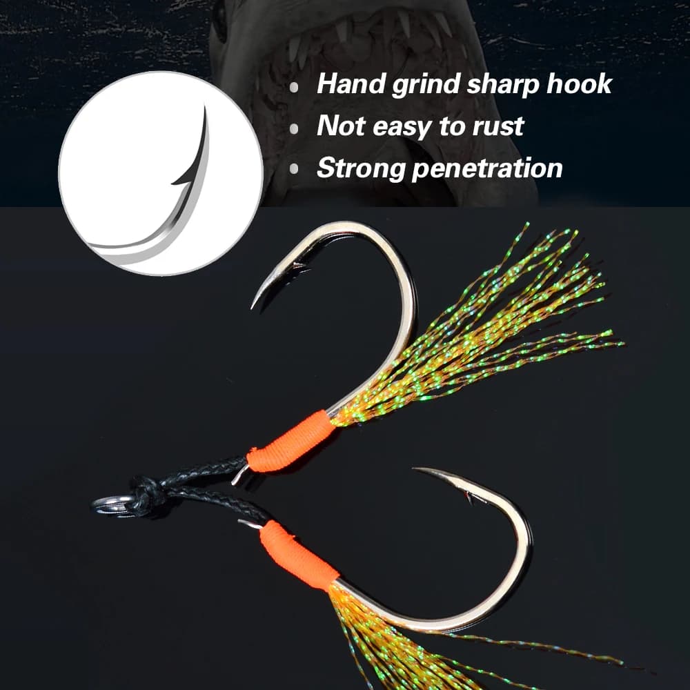 10 assist hooks métalliques avec plumes UV et anneau solide pour jigging de 10g à 120g pêche en mer