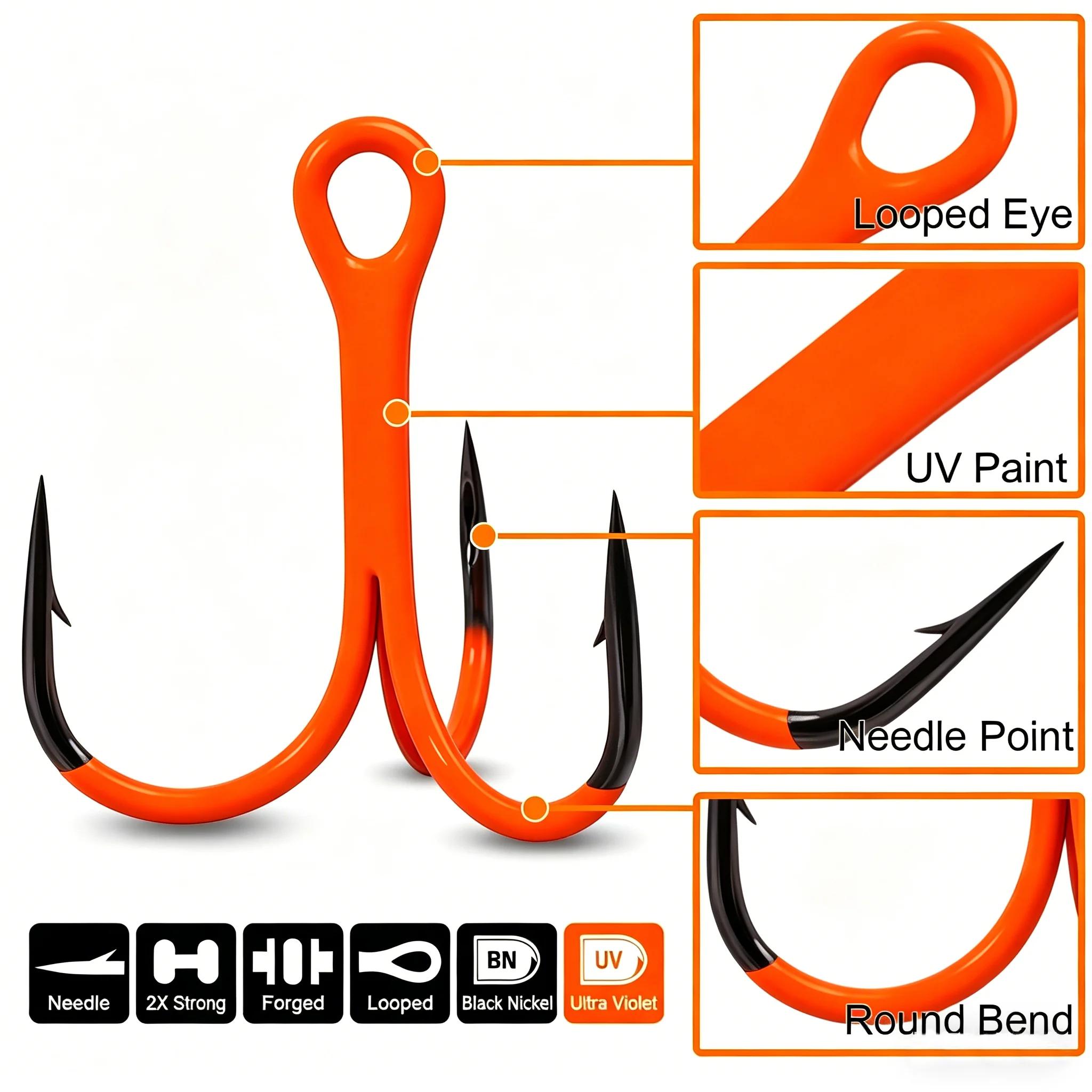 Hameçons triples orange UV 2X renforcés pour leurres durs - pêche mer et eau douce 10 pièces