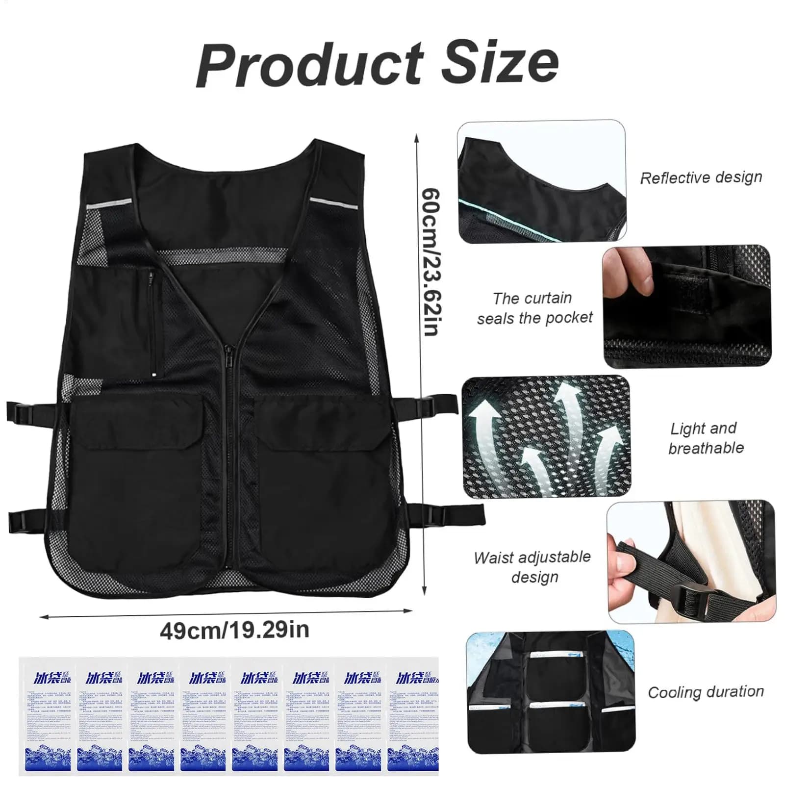 Gilet rafraîchissant été avec 8 packs de glace, ajustable et réfléchissant pour la pêche par temps chaud