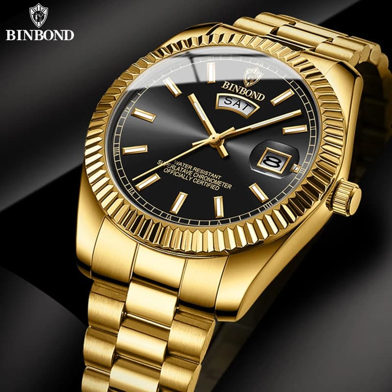 Montre homme sport acier inoxydable étanche date jour quartz marque BINBOND relogio masculino