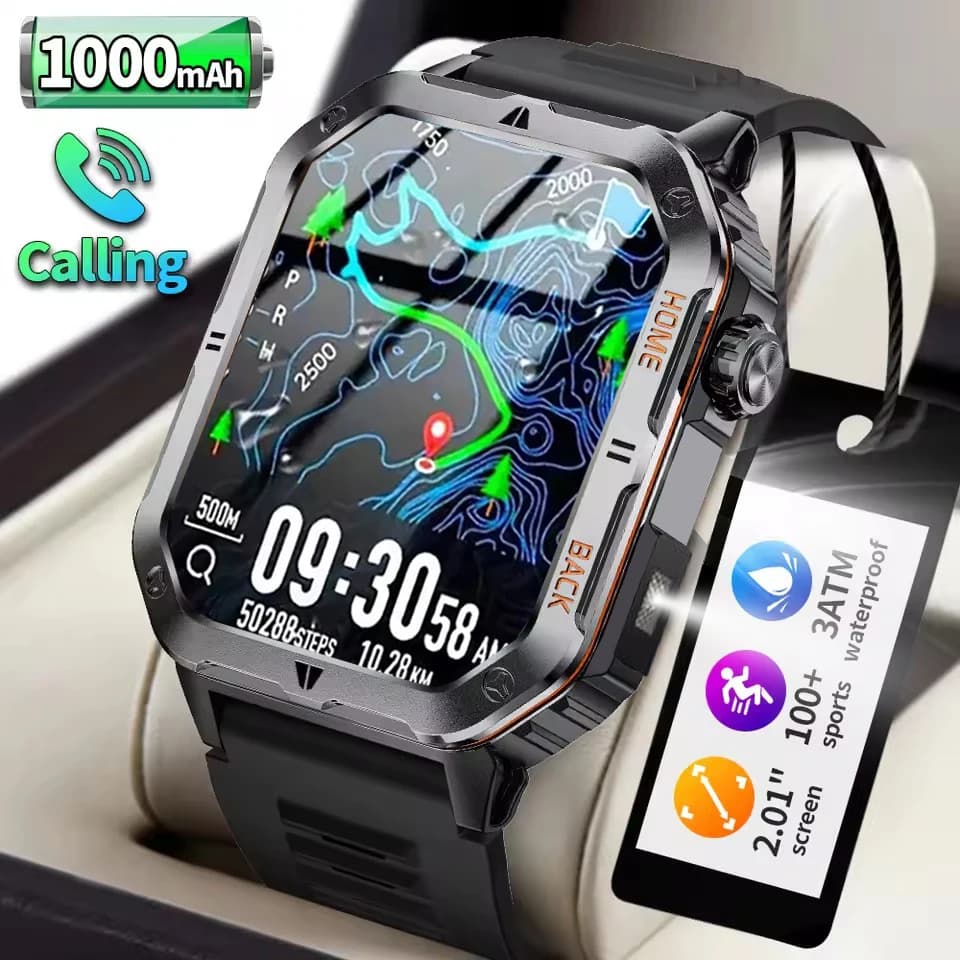 Montre connectée homme : appels Bluetooth, suivi sommeil et fréquence cardiaque, lampe LED étanche Android/iOS