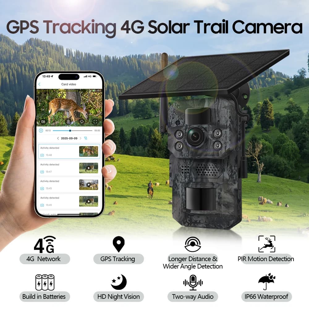 Caméra trail 4G cellulaire solaire 3MP HD étanche IP66 avec détection de mouvement et application Ubox