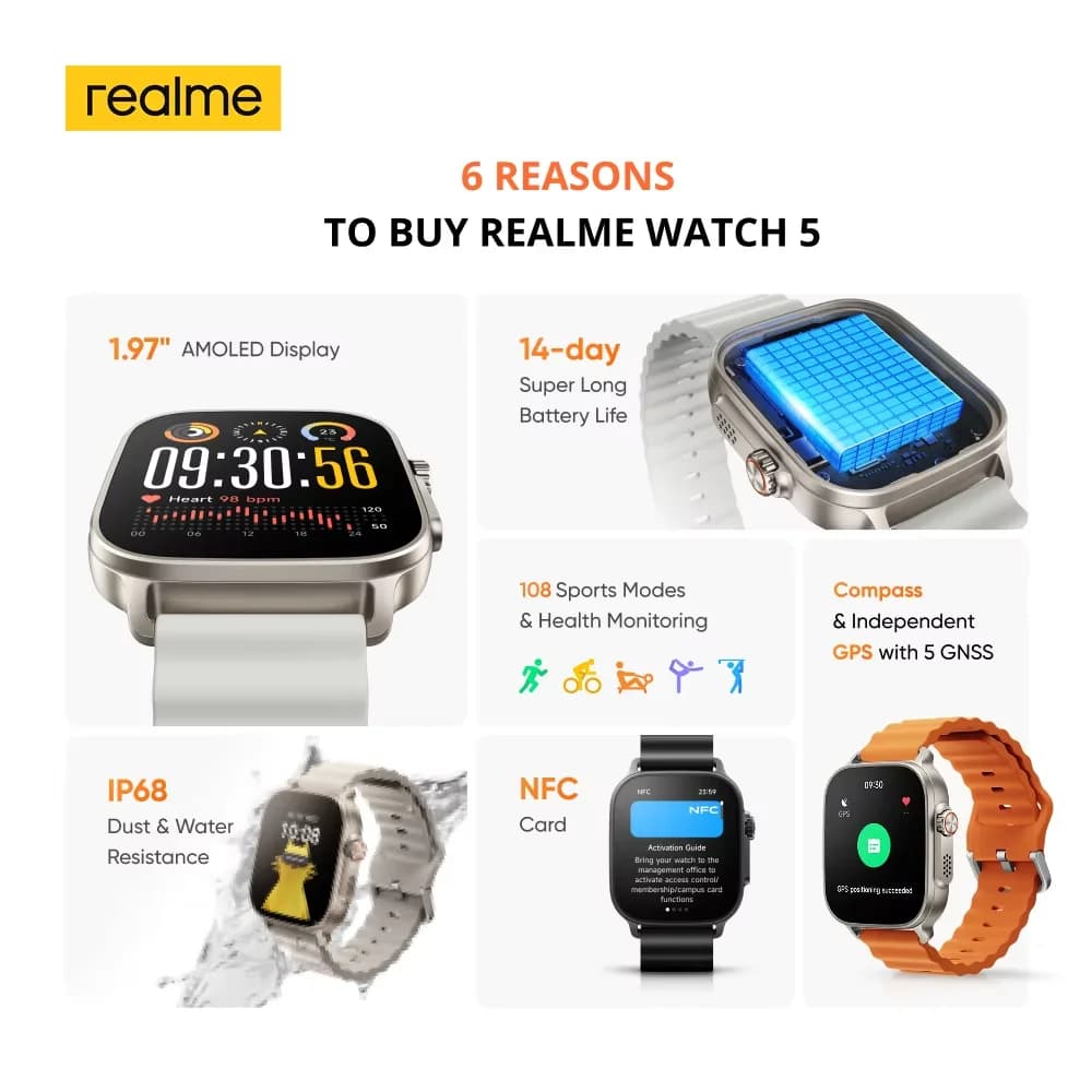 Montre realme watch 5 version globale écran AMOLED 600 nits autonomie 14 jours GPS étanche IP68