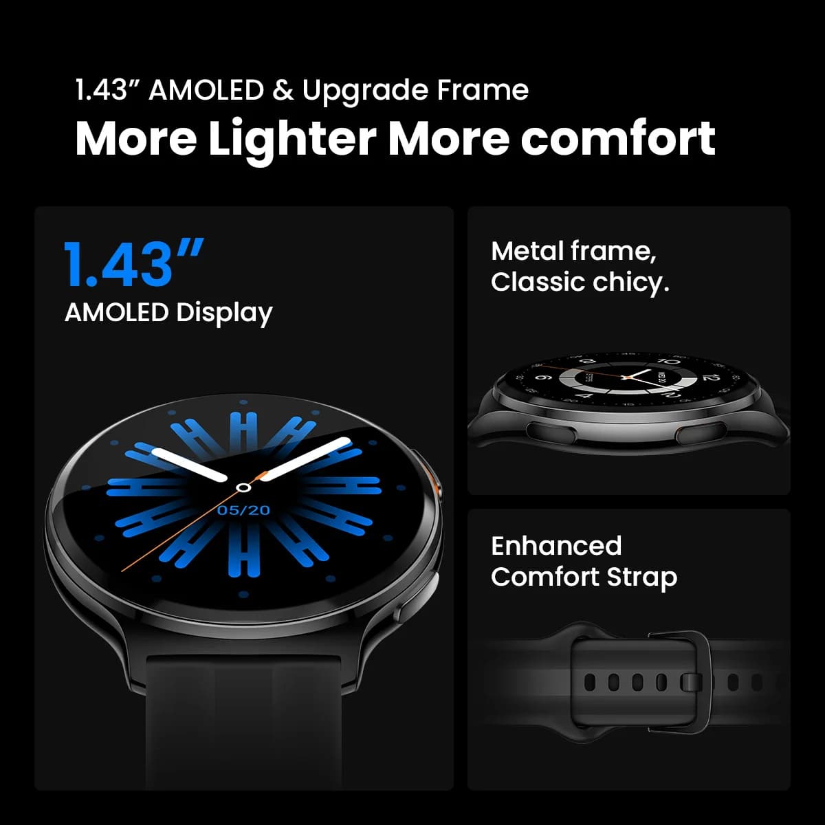 Montre HAYLOU Solar Lite 2 - Écran AMOLED 1.43", monitoring santé 24h/24, 150 modes sport, étanche 1ATM