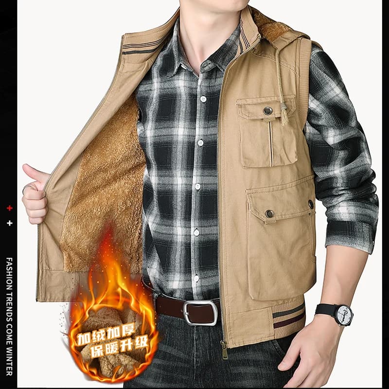Gilet homme chaud hiver sans manches en laine et coton, vestes casual épais pour pêche