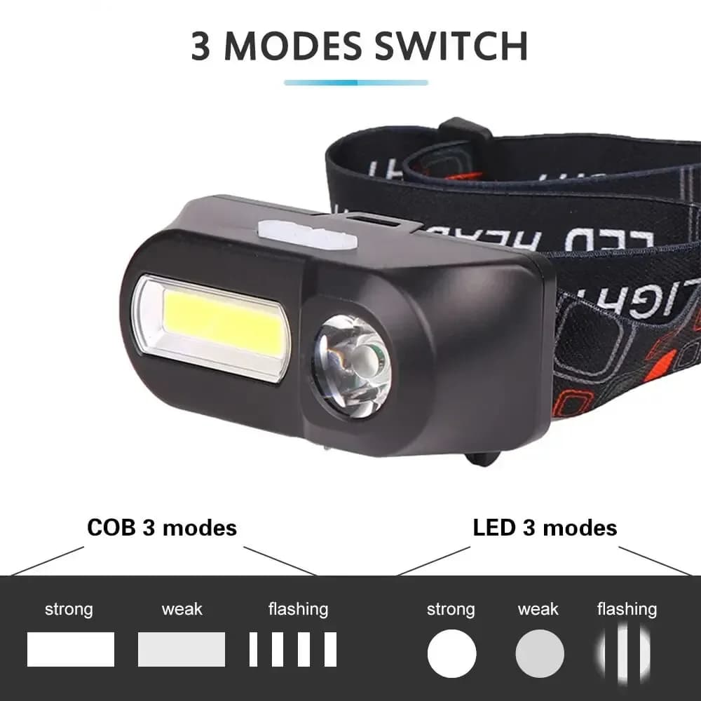 Lampe frontale COB multifonction rechargeable USB pour pêche de nuit et activités outdoor