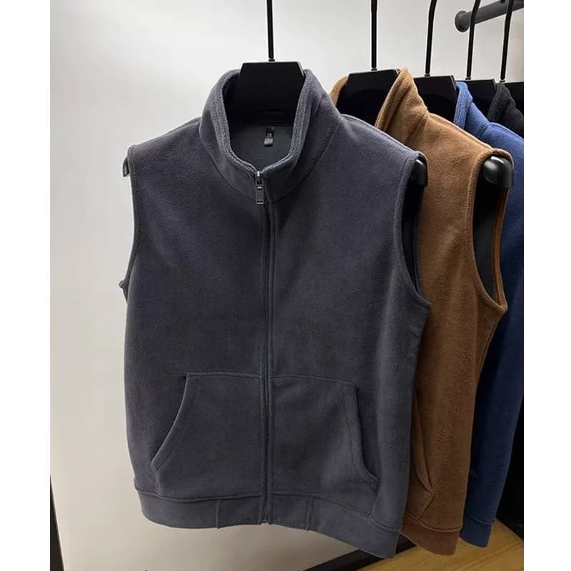 Gilet polaire homme sans manches hiver 2025, col montant doublure chaude et coupe-vent pour pêche et plein air
