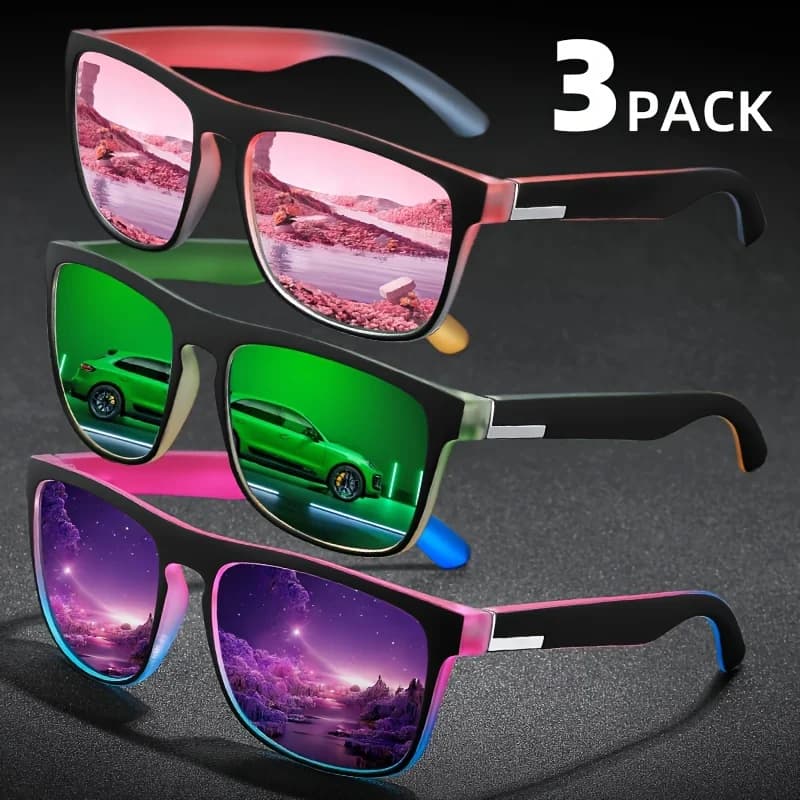 Lot 3 paires de lunettes de soleil polarisées carrées dégradé multicolore - Anti-éblouissement UV400 pour pêche et conduite