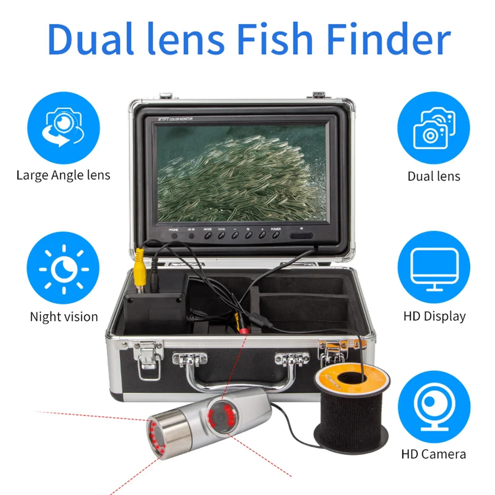 WF20 caméra double objectif écran 7 pouces sondeur poissons visuel HD grand angle sous-marine bateau pêche détecteur