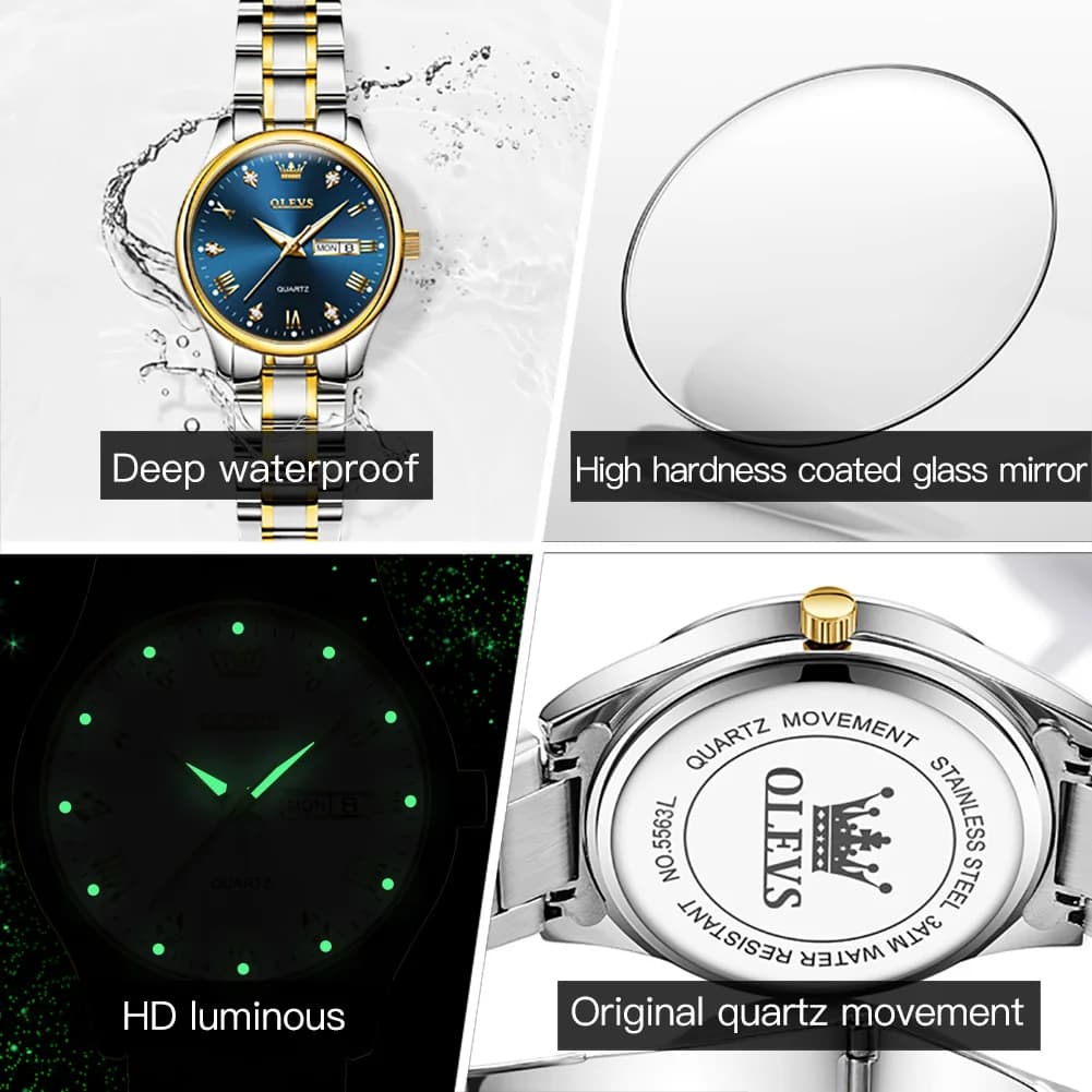Montre femme OLEVS luxe diamants dorée étanche acier inoxydable calendrier lumineuse cadeau