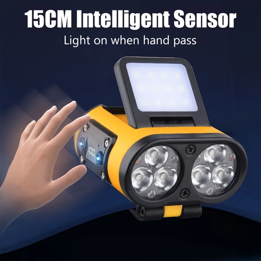 Lampe frontale LED intelligente avec capteur et clip rechargeable Type-C pour pêche - Affichage puissance