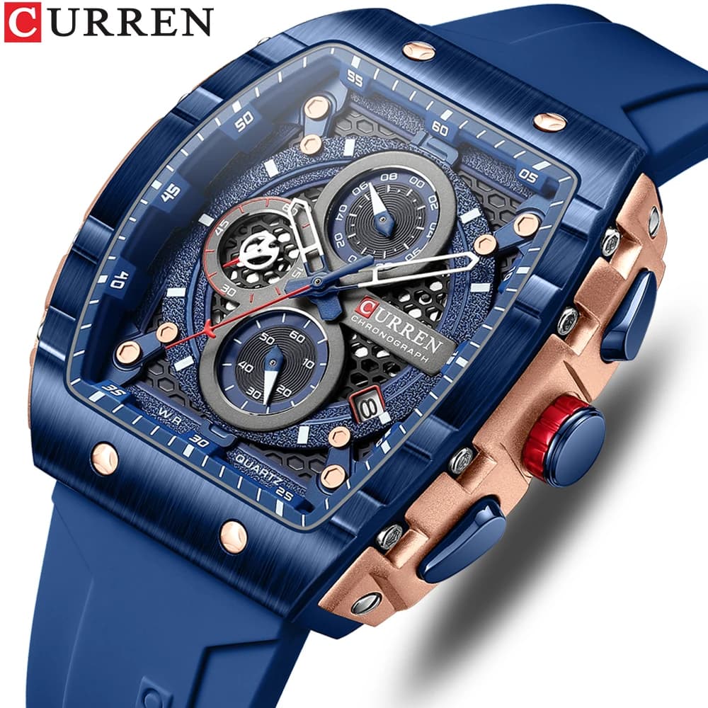 Montre homme Curren design carré unique luxe quartz bracelet silicone étanche montre sport tendance