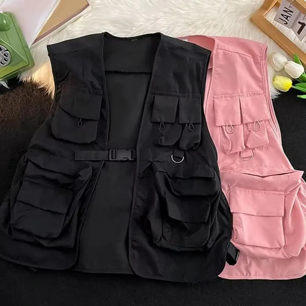 Gilet cargo multi-poches unisexe - Style hip-hop - Fermeture à boucles - Coupe ample décontractée