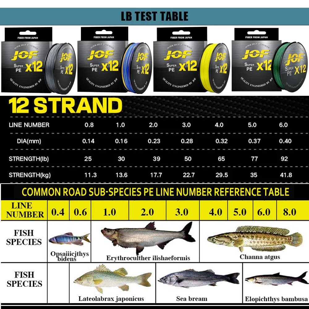 Ligne de pêche tressée JOF X12 500m 300m 12 brins multicolore pour mer et eau salée,