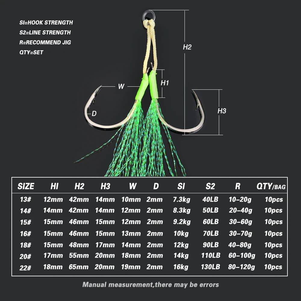 10 assist hooks métalliques avec plumes UV et anneau solide pour jigging de 10g à 120g pêche en mer
