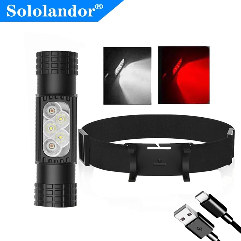 Mini lampe frontale LED haute puissance blanche rouge rechargeable USB-C pour pêche et chasse