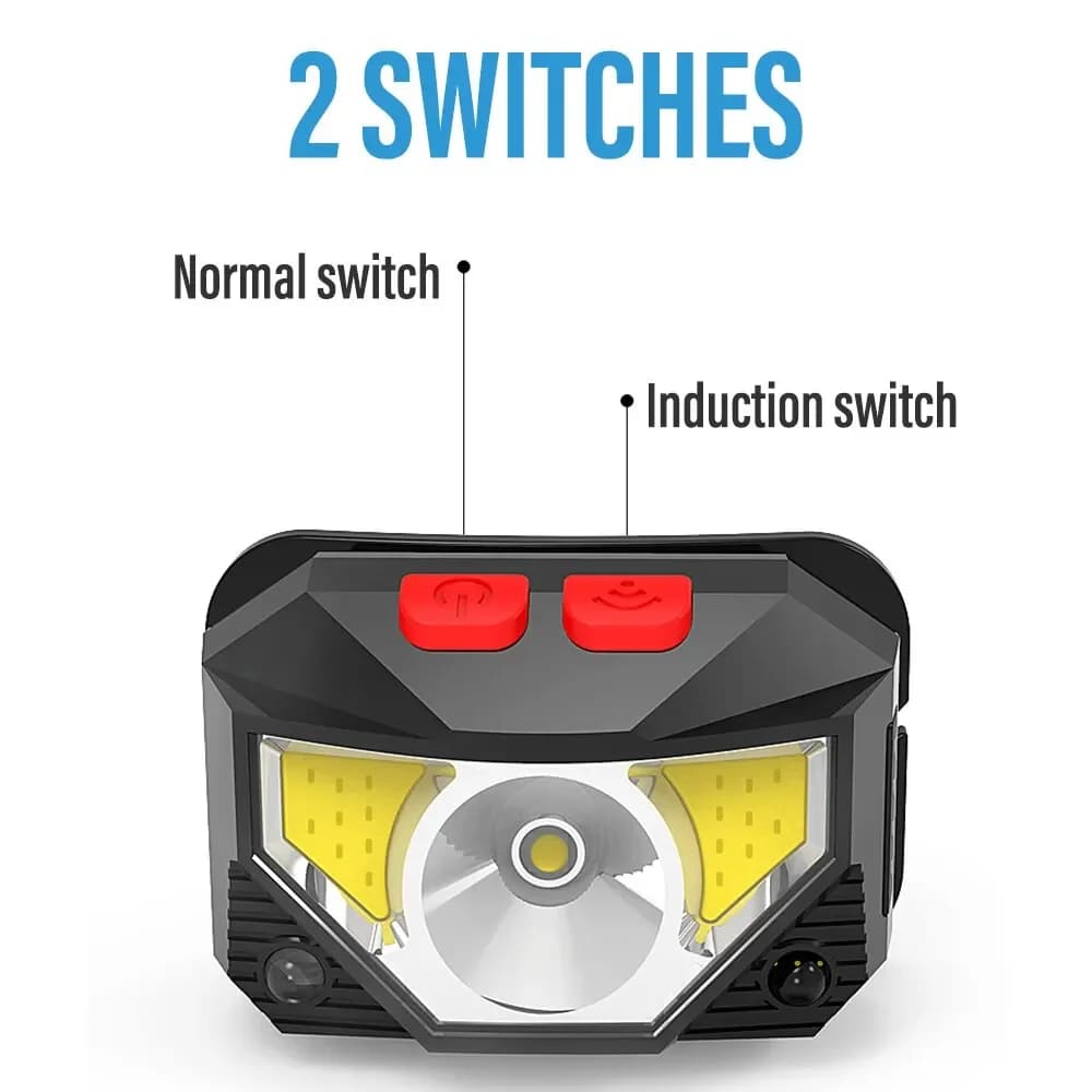 Lampe frontale rechargeable à capteur COB et LED 8 modes lumière blanche et rouge pour pêche
