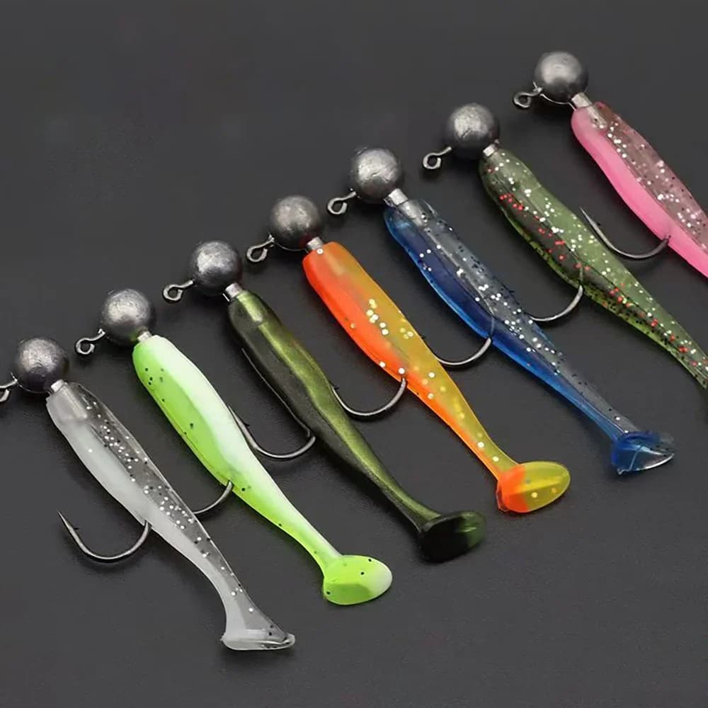 Kit pêche complet 10 leurres souples + 3 têtes plombées - leurres T-tail pour carpe et carnassiers