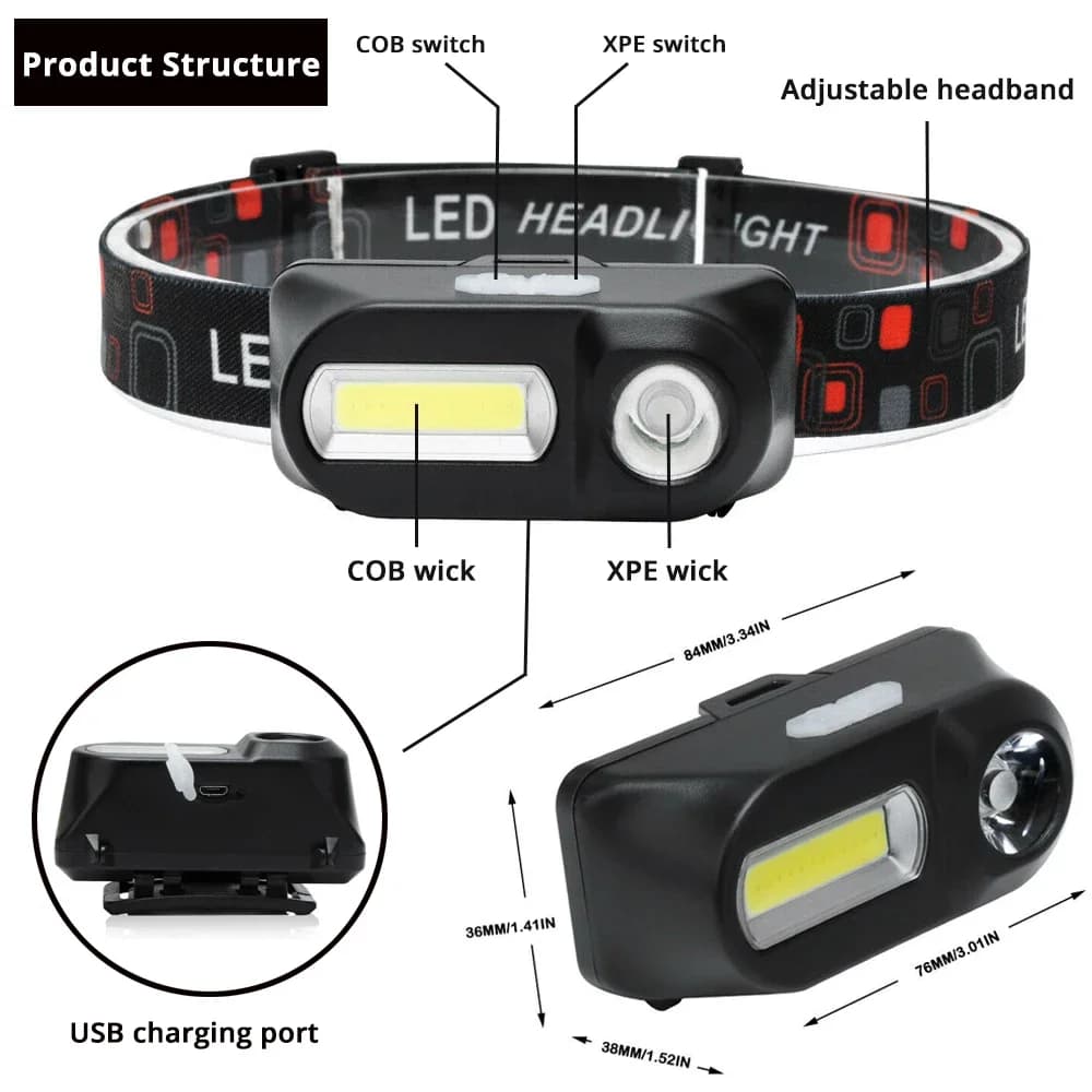 Mini frontale LED pêche portable XPE COB rechargeable USB - Compacte pour pêche discrète et mobile