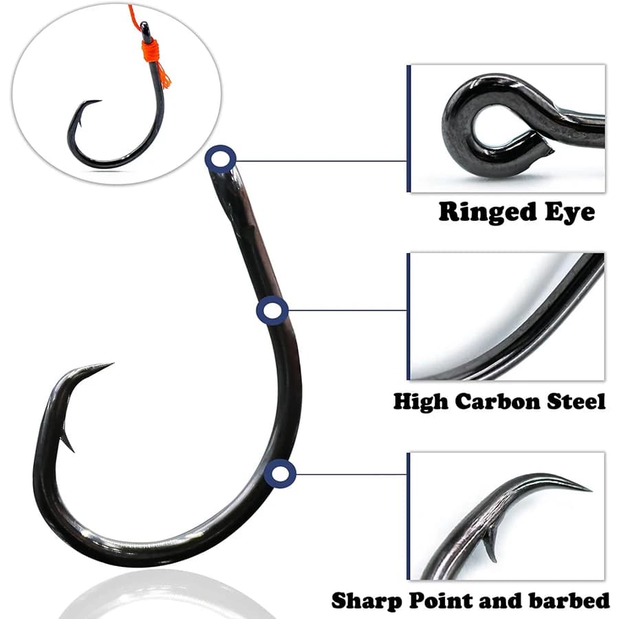 Hameçons circle offset noirs pour pêche gros jeu thon marlin espadon mer profonde tailles multiples
