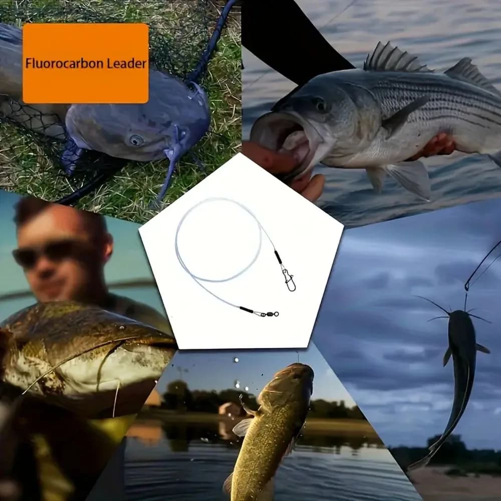 10 hameçons fluorocarbone résistants avec émerillons pour pêche mer et rivière - Fil leader invisible anti-usure