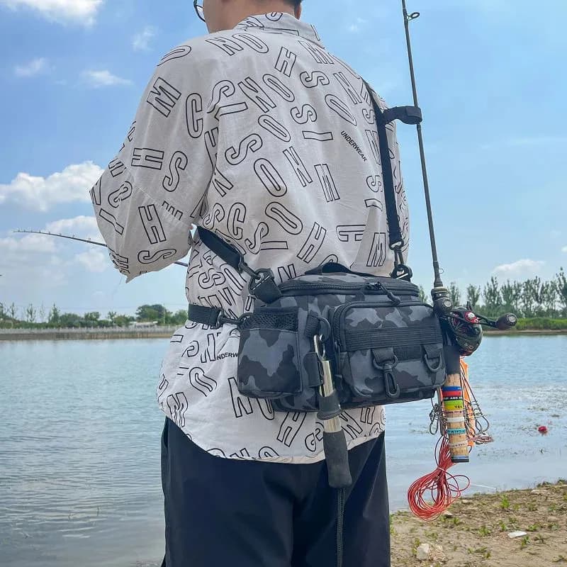 Sac ceinture épaule rangement équipement pêche noir avec porte-canne sports extérieurs pêche