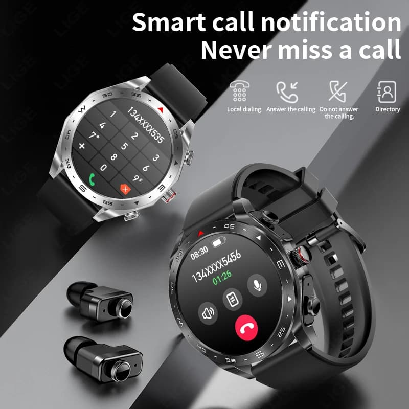 Montre LIGE avec écouteurs intégrés pour pêche : musique, haut-parleur, étanche, écran AMOLED