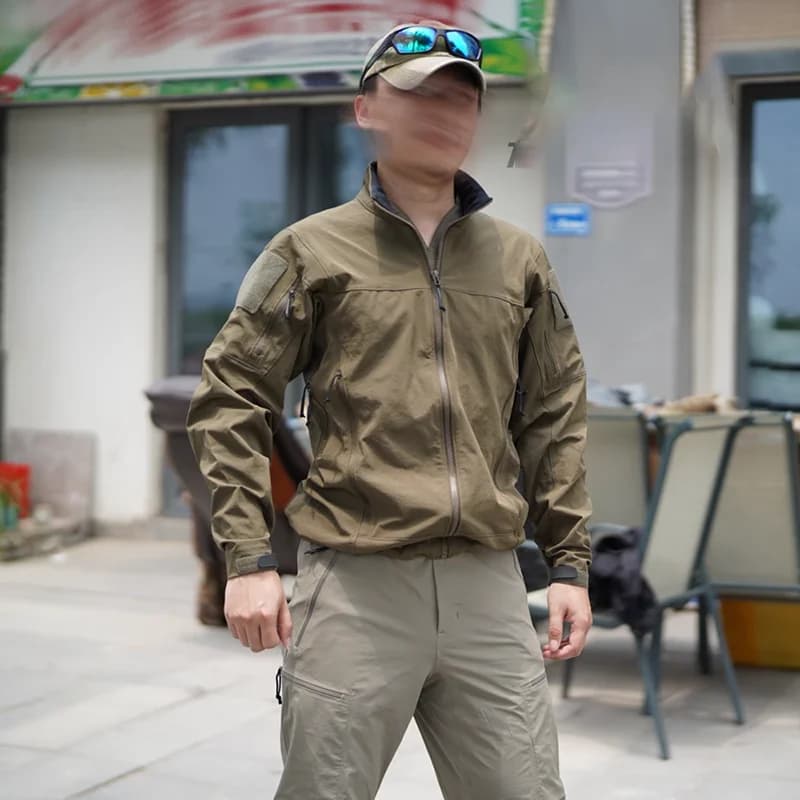 Veste tactique crocodile vert nylon - Softshell pêche 4 côtés élastique - Coupe-vent respirant randonnée