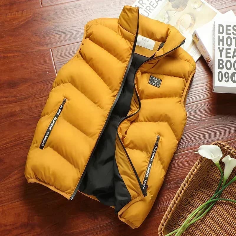 Veste sans manches homme hiver chaude matelassée col montant zippée extérieur solide casual