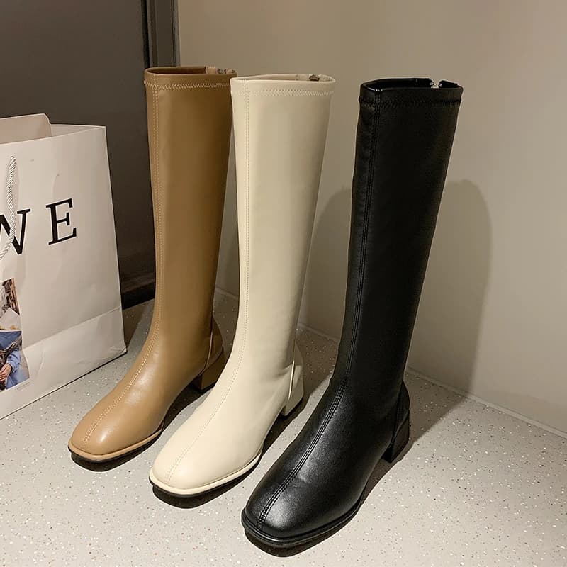 Bottes longues noires talons hauts cuir souple - Bottes genou pêche printemps automne chaud