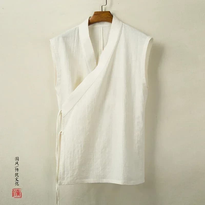 Veste traditionnelle chinoise Hanfu homme lin coton sans manches kimono cardigan pêche zen