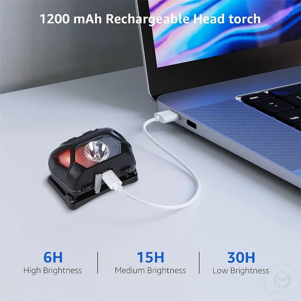 Lampe frontale 6 modes USB rechargeable IPX4 étanche avec lumières rouge et verte pour pêche extérieure