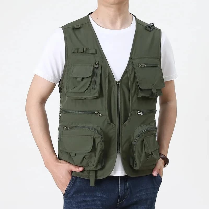Veste de pêche cargo 2025 rouge multi-poches nylon pour journaliste photo et camping