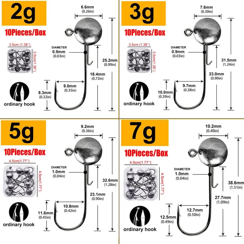 Boîte MrLurion hameçons plombés 2g à 20g - Hameçons jig round head pour leurres souples et pêche du bass