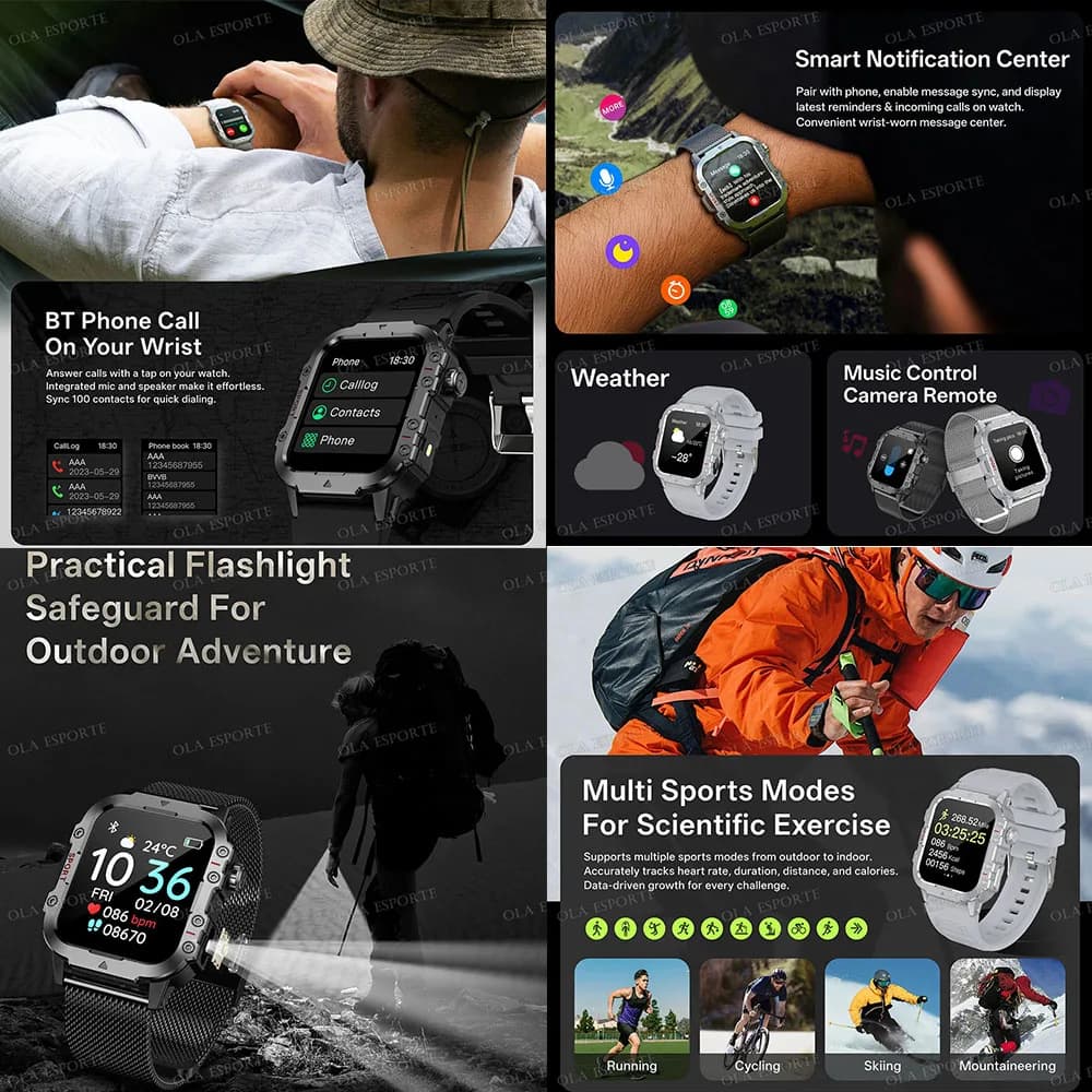 Smartwatch Militaire Homme Femme 2025 - GPS Intégré, Surveillance Cardiaque, Étanche, Compatible iOS Android
