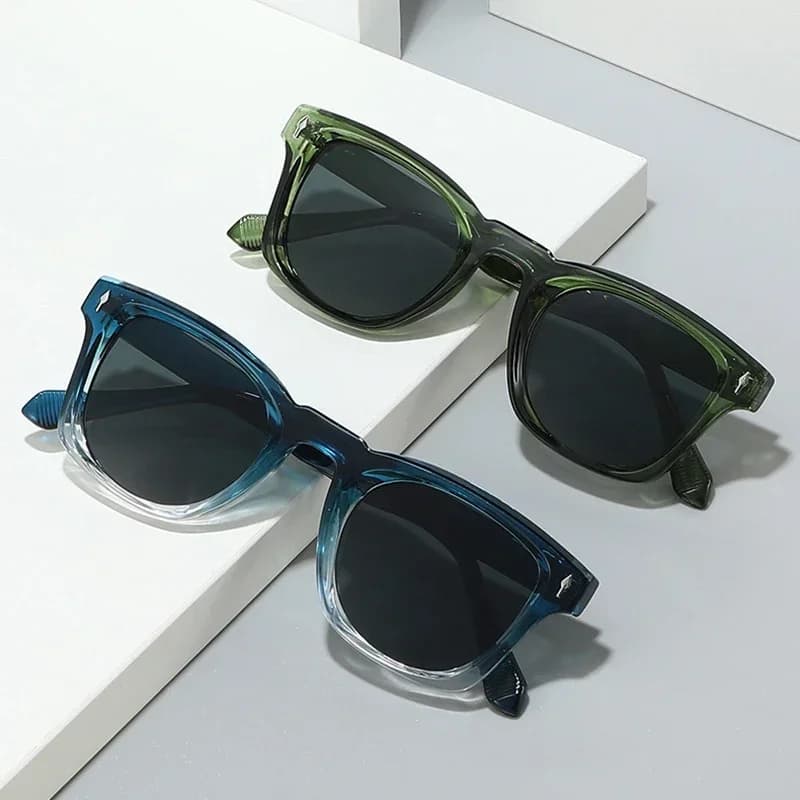 Lunettes carrées rétro rivets dégradé vert noir fashion UV400 femmes hommes pêche