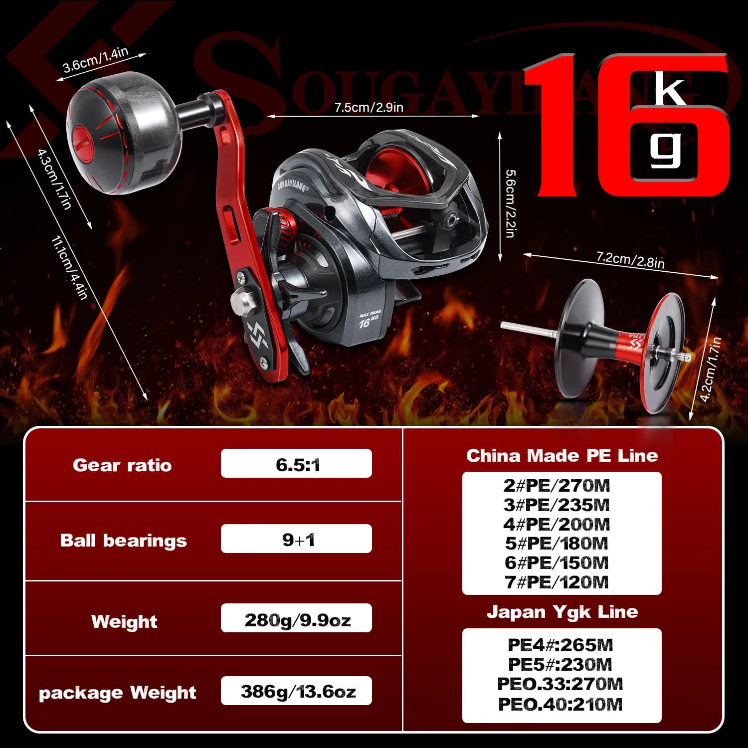 Moulinet casting Sougayilang CDS 400 6.5:1 frein 16KG corps fibre carbone pour pêche lourde leurres