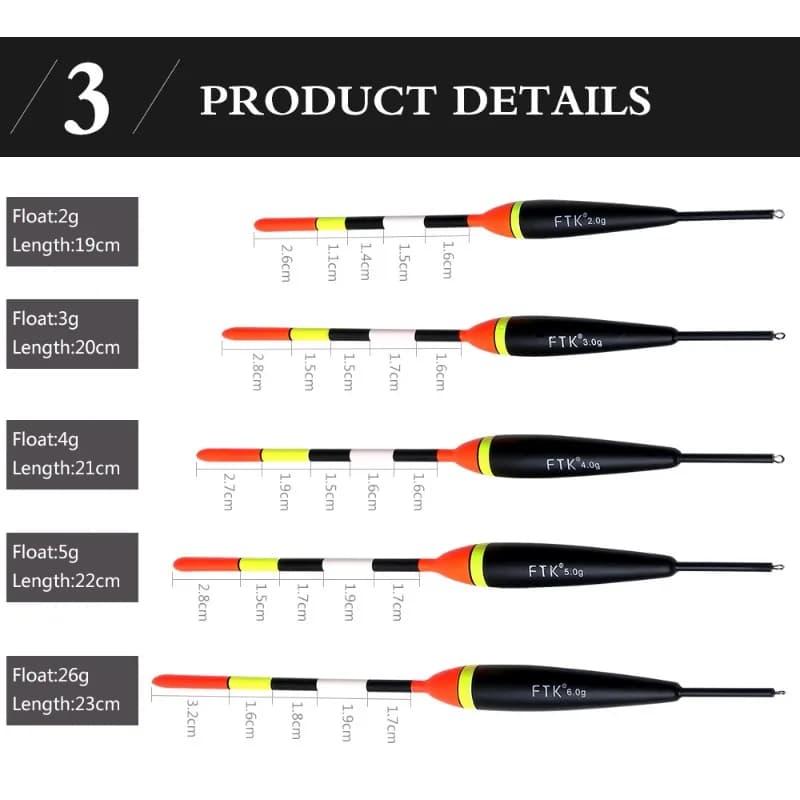 5 flotteurs de pêche haute visibilité néon avec âme bois et émerillon anti-torsion 2-5g pour eau