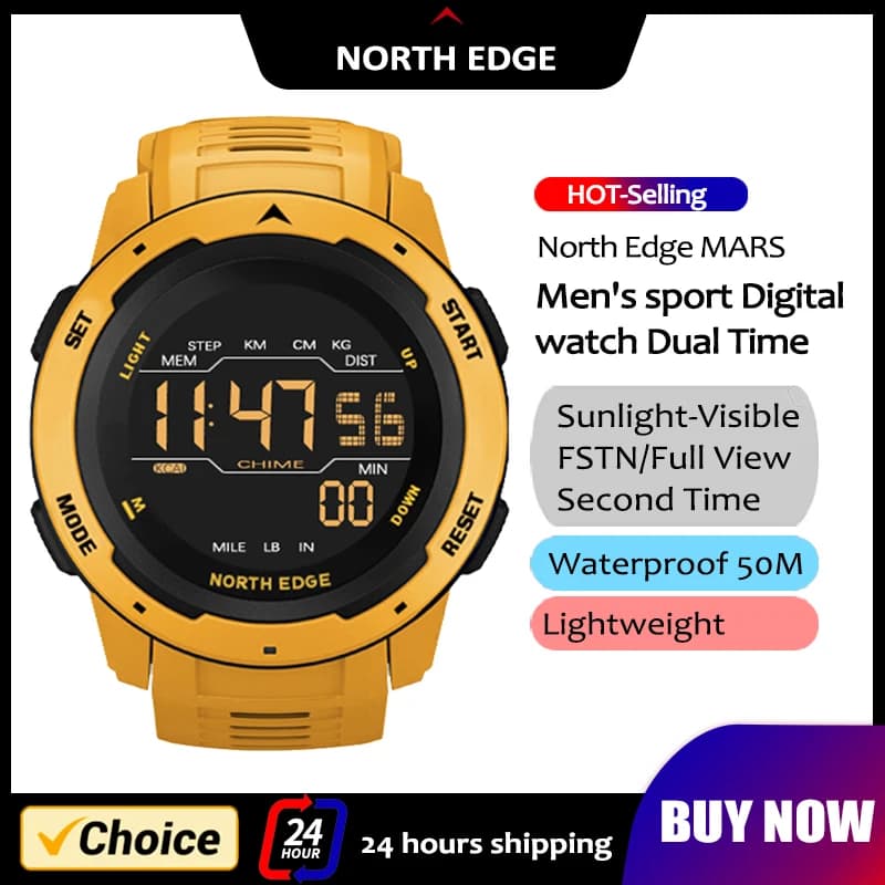 Montre militaire NORTH EDGE homme femme double fuseau podomètre compte à rebours étanche 50m réveil