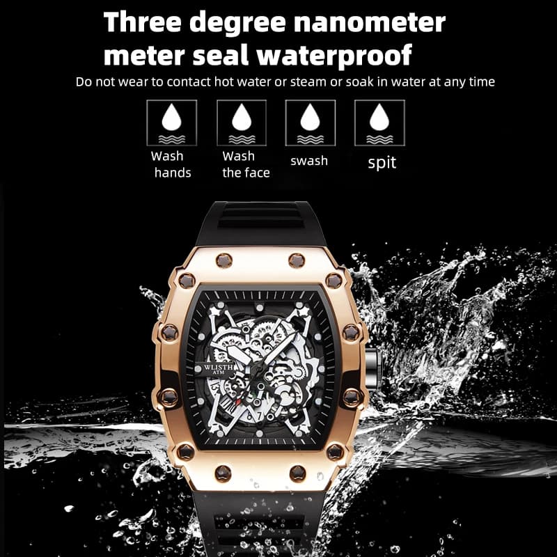 Montre automatique homme WLISTH sport étanche avec cadran lumineux et bracelet silicone, montre mécanique fashion