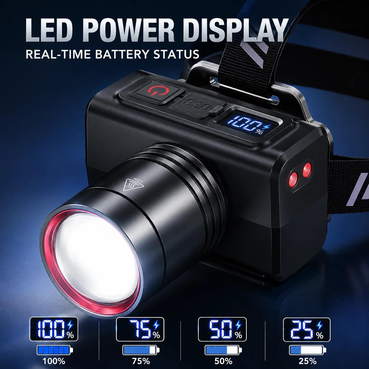 Frontale LED rechargeable zoomable étanche ultra-lumineuse - Excellence pour pêche et camping