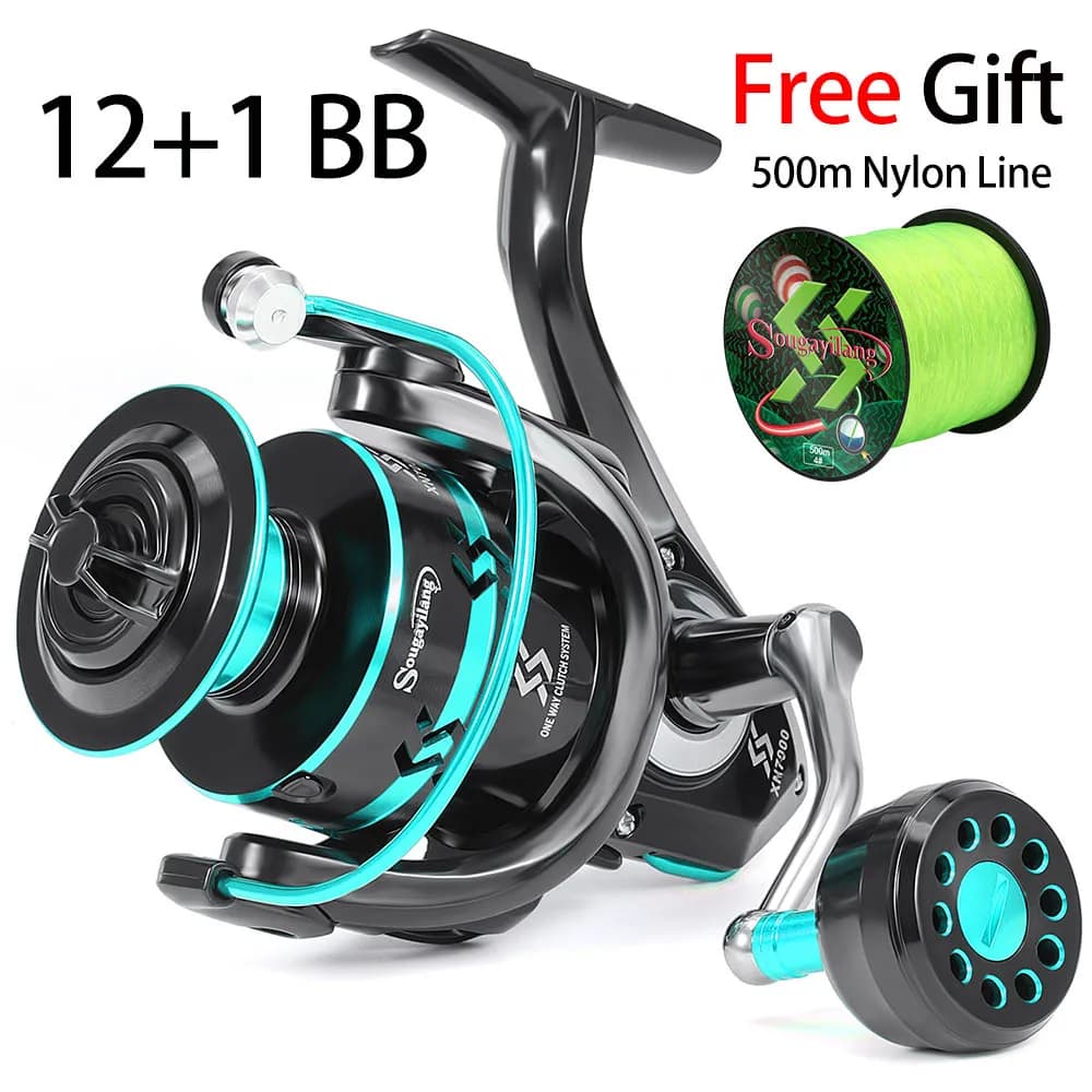 Moulinet de pêche Sougayilang 2000-7000 spinning 12+1BB avec ligne nylon 500m offerte - Drague max 16kg