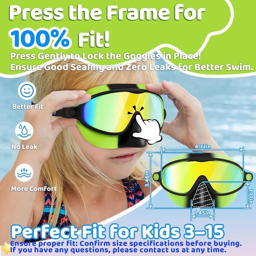 Lunettes de natation enfants 3-15 ans avec couvre-nez vision large anti-fuite UV